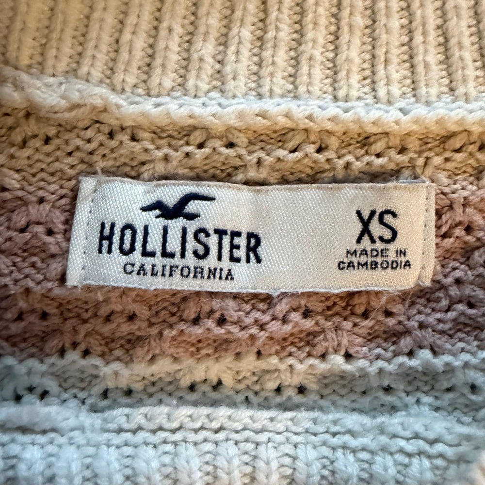 Hollister Striped Cropped Sweater Womens XS Pink Cream Tan Textured Knit Top - Picture 3 of 11